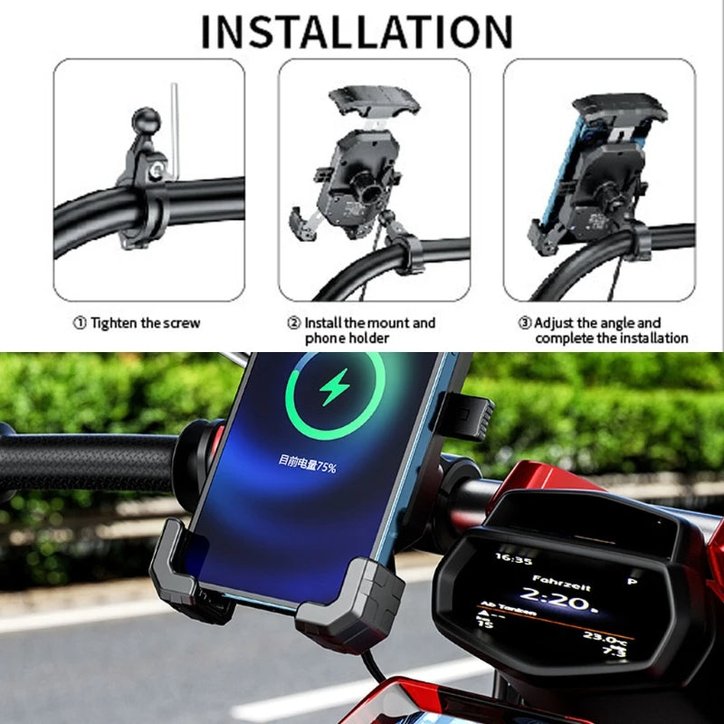 Soporte para teléfono de motocicleta con cargador inalámbrico Qi de 15 W