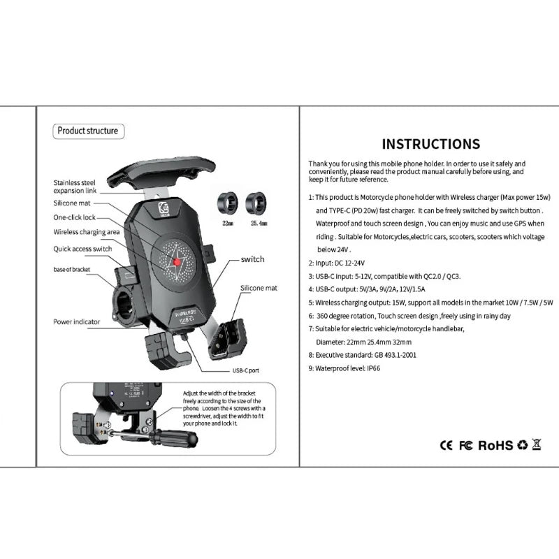 Soporte para teléfono de motocicleta con cargador inalámbrico Qi de 15 W