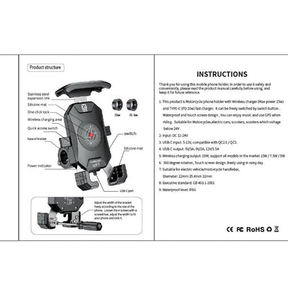 Soporte para teléfono de motocicleta con cargador inalámbrico Qi de 15 W
