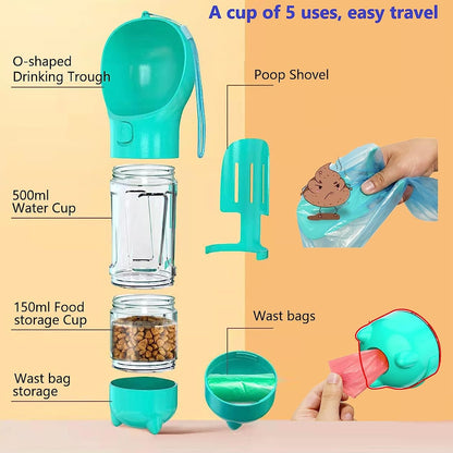 Botella de agua multifuncional 5 en 1 para mascota.