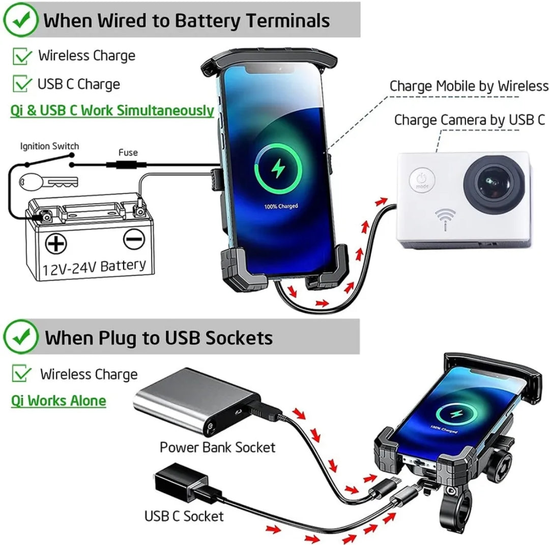 Soporte para teléfono de motocicleta con cargador inalámbrico Qi de 15 W